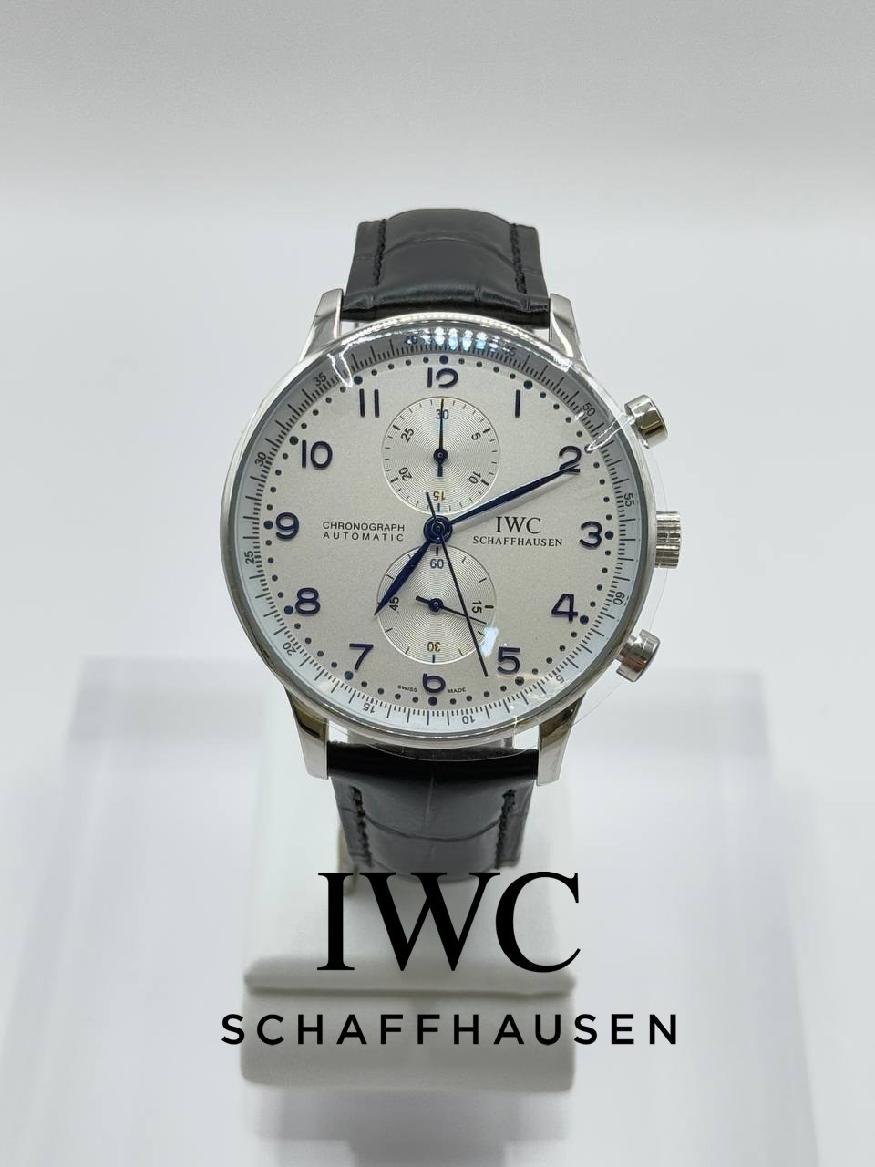 포르투기스 흰판 블루핸즈 은장 가죽밴드 시계 40미리