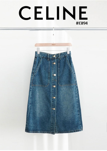 🔆 [CELINE] 셀린느 여성 트리오페 금장 버튼 데님 롱 스커트 🔆
