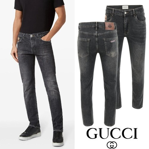 GC 더블로고 레터링 자수 흑청 슬림진