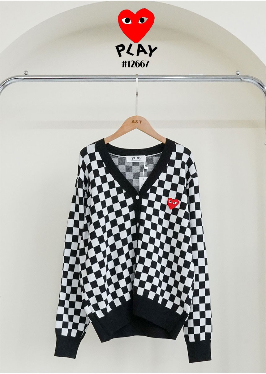🔆 [Comme des Garcons] 꼼데가르송 여성 하트 로고 체커보드 브이넥 니트 가디건 🔆