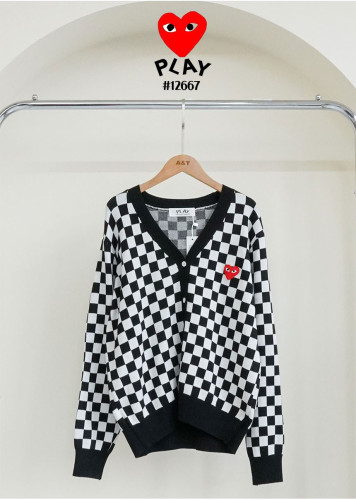 🔆 [Comme des Garcons] 꼼데가르송 여성 하트 로고 체커보드 브이넥 니트 가디건 🔆