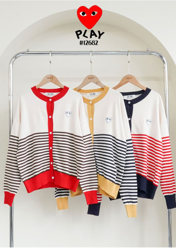 🔆 [Comme des Garcons] 꼼데가르송 여성 화이트 하트 로고 배색 스트라이프 라운드 니트 가디건 🔆