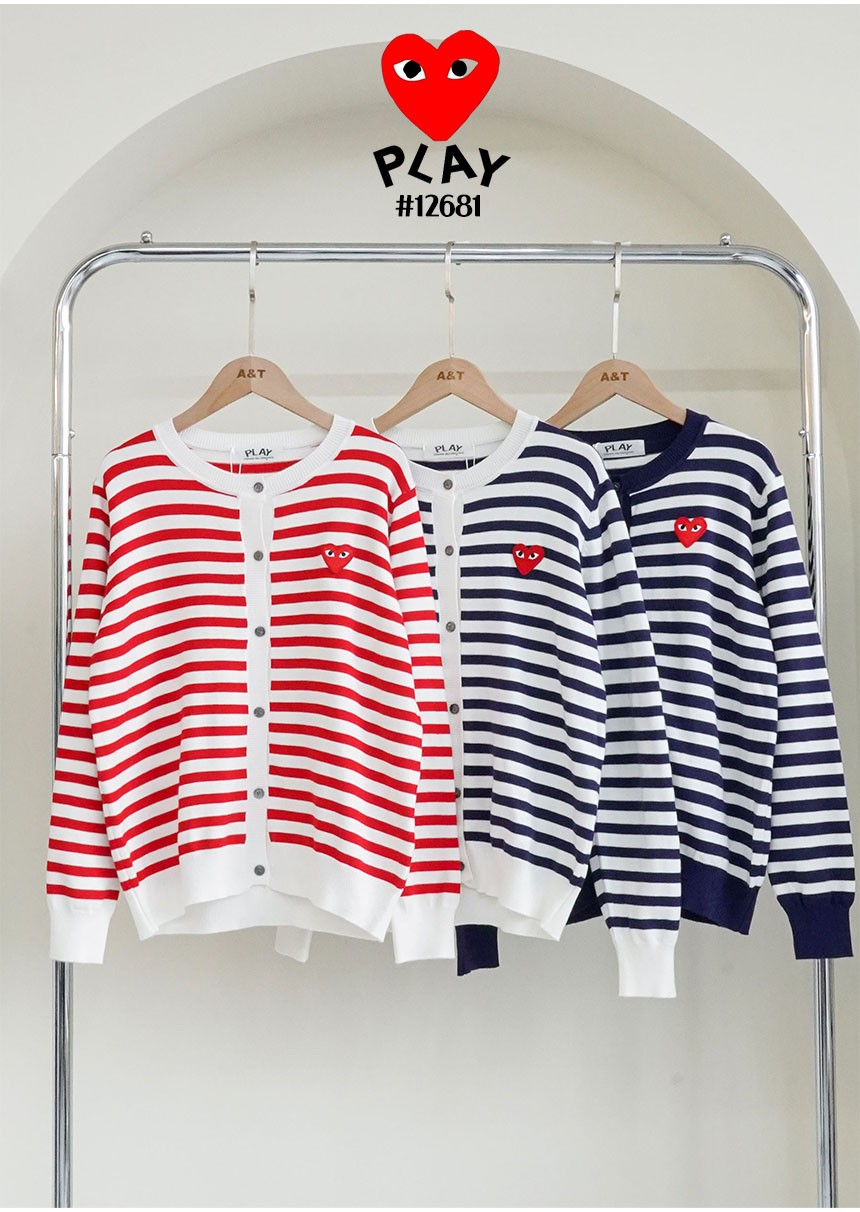 🔆 [Comme des Garcons] 꼼데가르송 여성 레드 하트 로고 스트라이프 라운드 니트 가디건 🔆