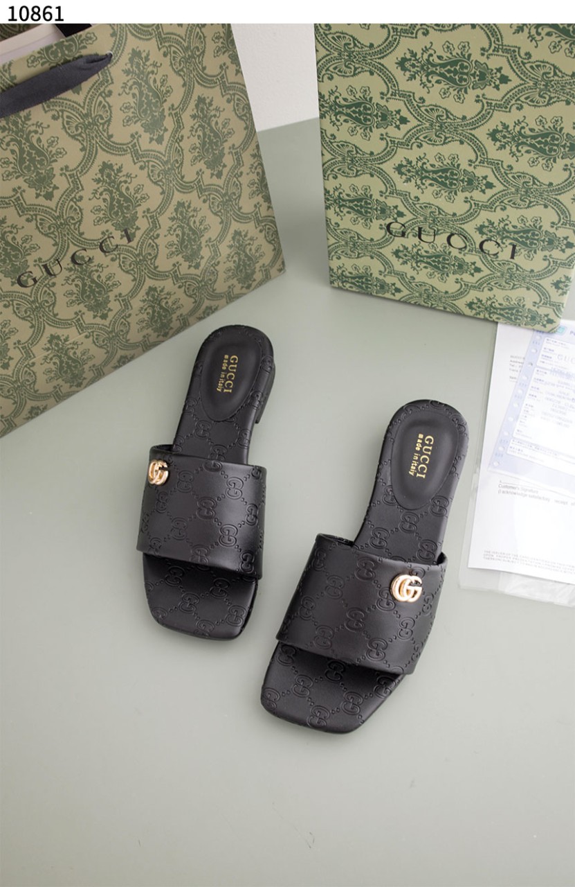 #구찌 [GUCCI] 블랙 GG 레더 여성 더블 G 슬라이드 샌들 신상입고💢 #신발 #10861
