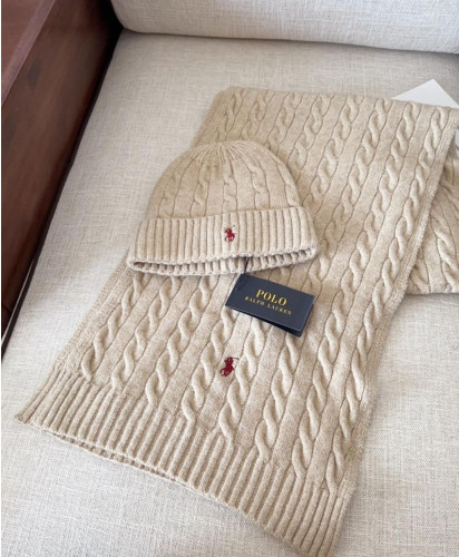 폴로 랄프로렌 꽈배기 니트 머플러 & 비니 세트 베이지