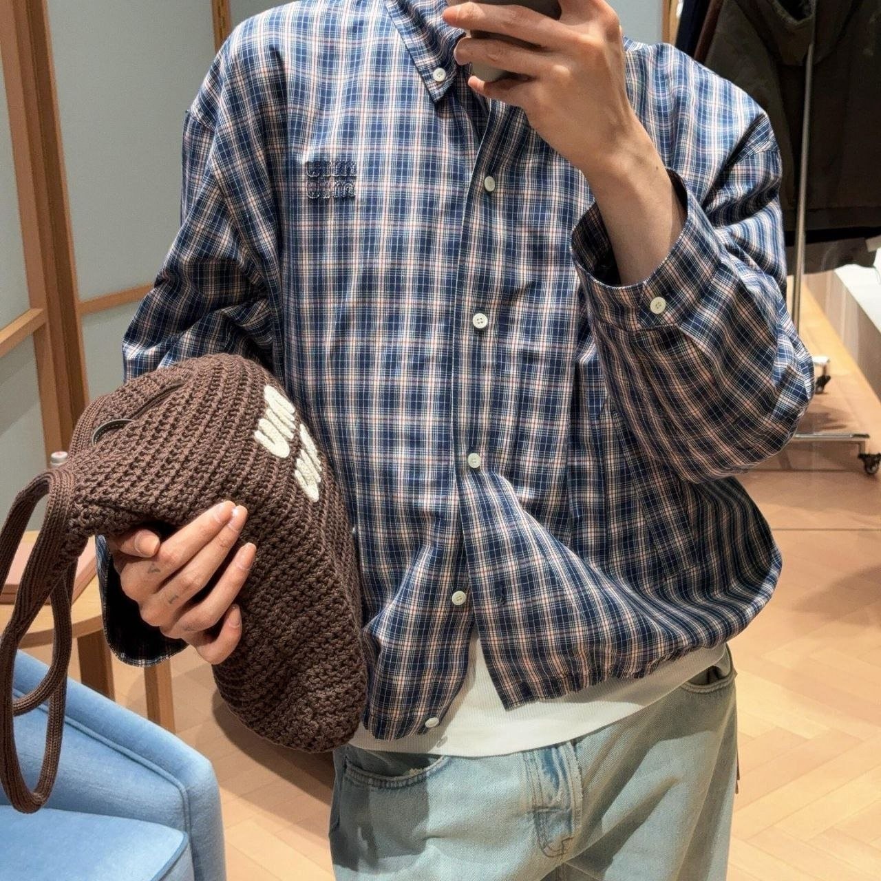 💕 미*** 25 깅엄 체크 라이트 블루종 자켓 - 수입