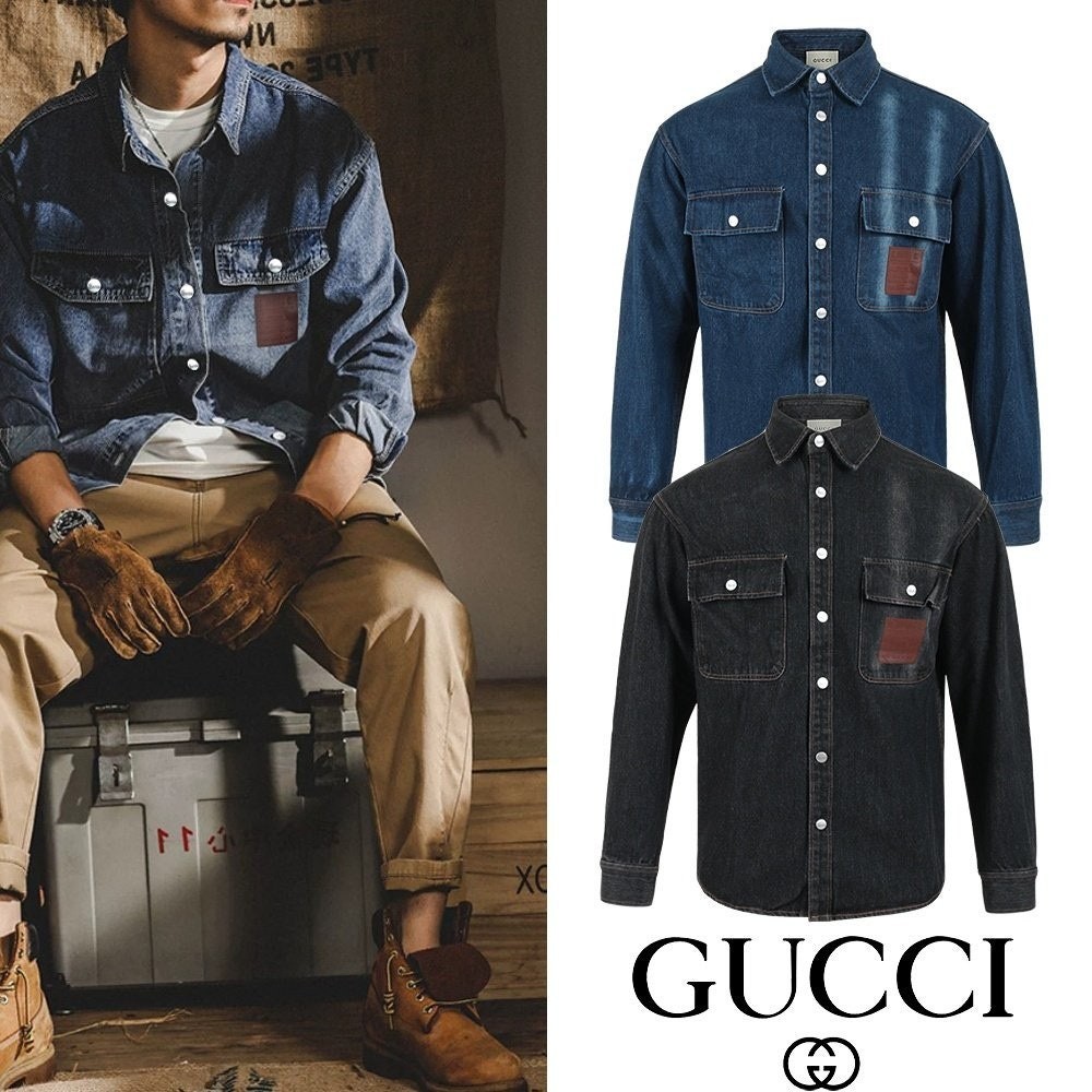 💕 구* 포켓 포인트레더 스냅 데님셔츠