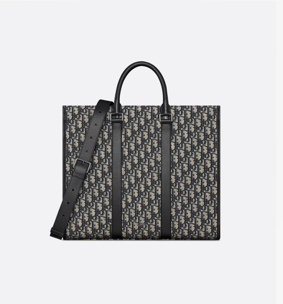 💕 디* East-West 토트백 베이지 & 블랙 Oblique 자카드, 블랙 그레인 송아지 가죽