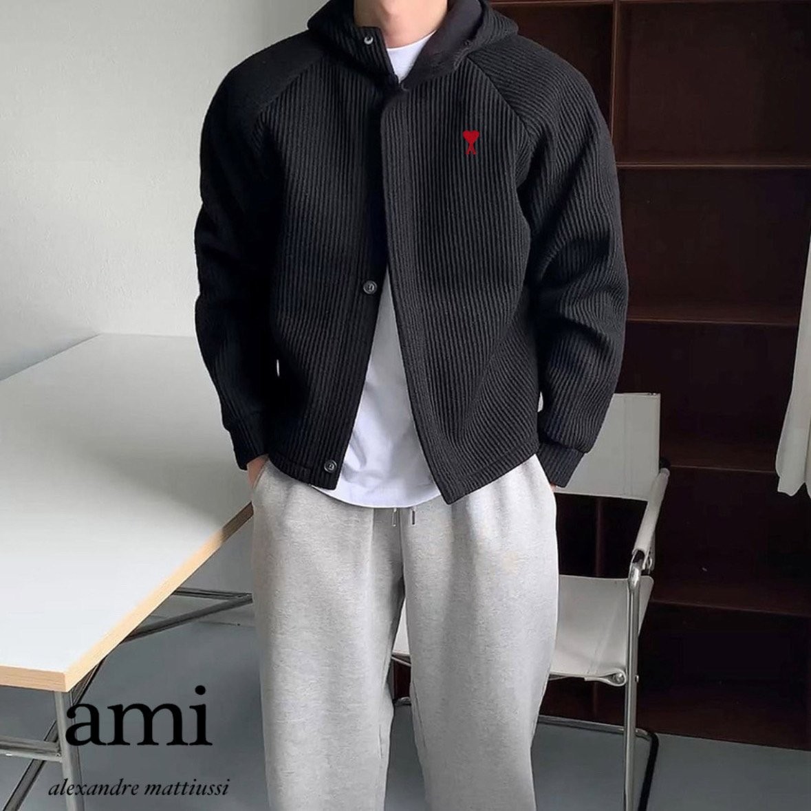 AM 자수 하이넥 후드 가디건