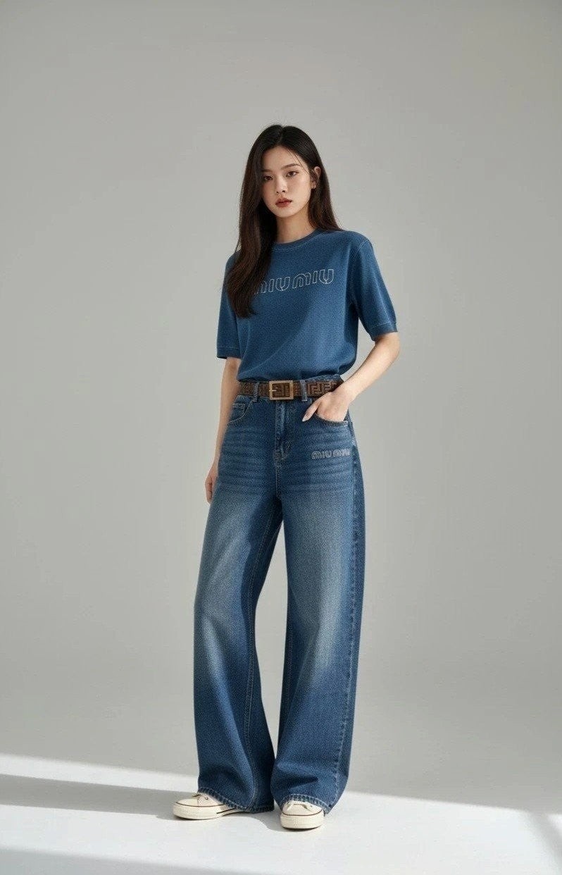 💕 미*** 로고 자수 배기 커브 워싱 데님팬츠➡️수입풀(여성)