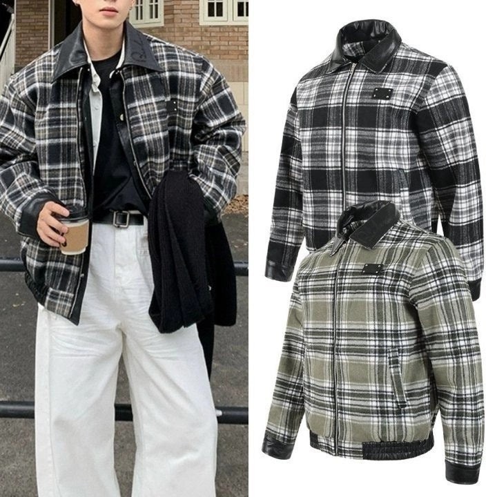 💕 버** 레더 카라 체크 자켓