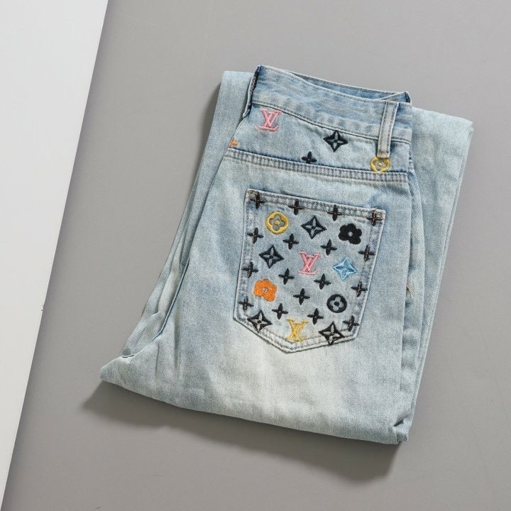 여성 멀티컬러 모노그램 자수 데님 팬츠 LOU-2656