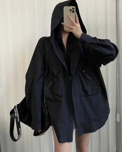 여성 페이스 포켓 후드 셔츠 점퍼 블랙 LOE-536