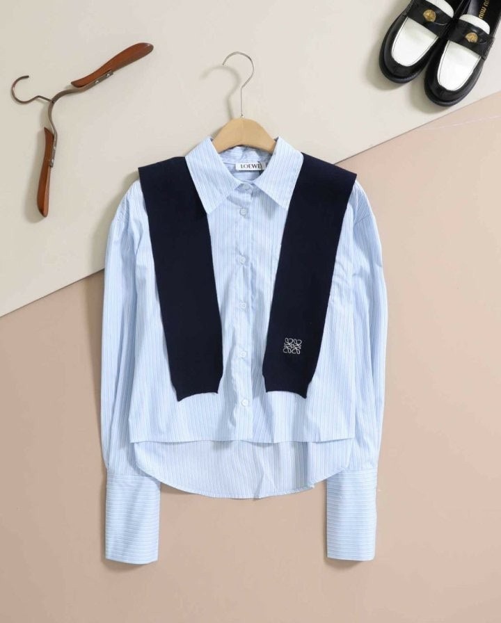 여성 숄카라 스트라이프 케이프 셔츠 LOE-591