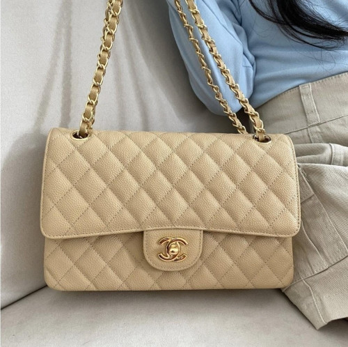 💕 샤* 클래식 미디움 플랩백 그레인드 카프스킨 & 골드 메탈 베이지 ❤풀박스❤️ 고급